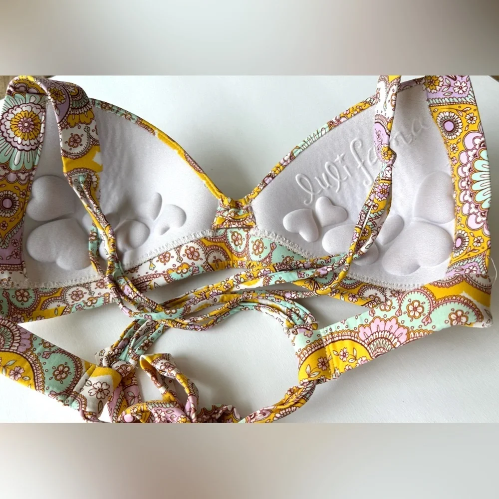 Luli Fama Yellow Alhambra 2 piece Bikini Molded Push Up Bandeau Halter Small